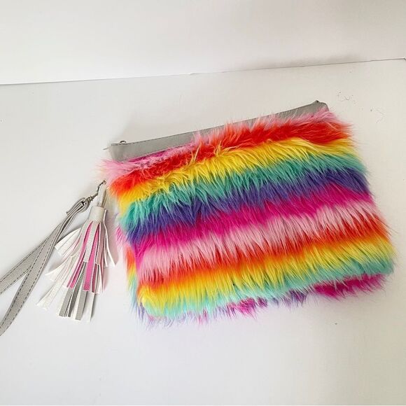 Rainbow faux fur wristlet with change wallet - Picture 2 of 9